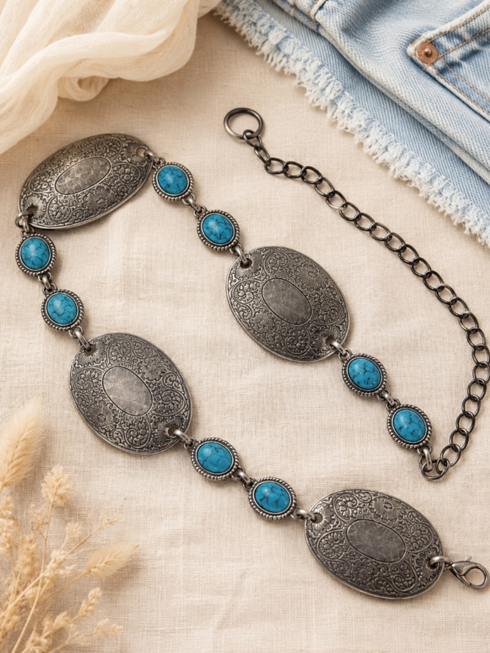 Nine West Antiqued Silver Tone Faux Turquoise Concho Chain Belt 36" Western Boho